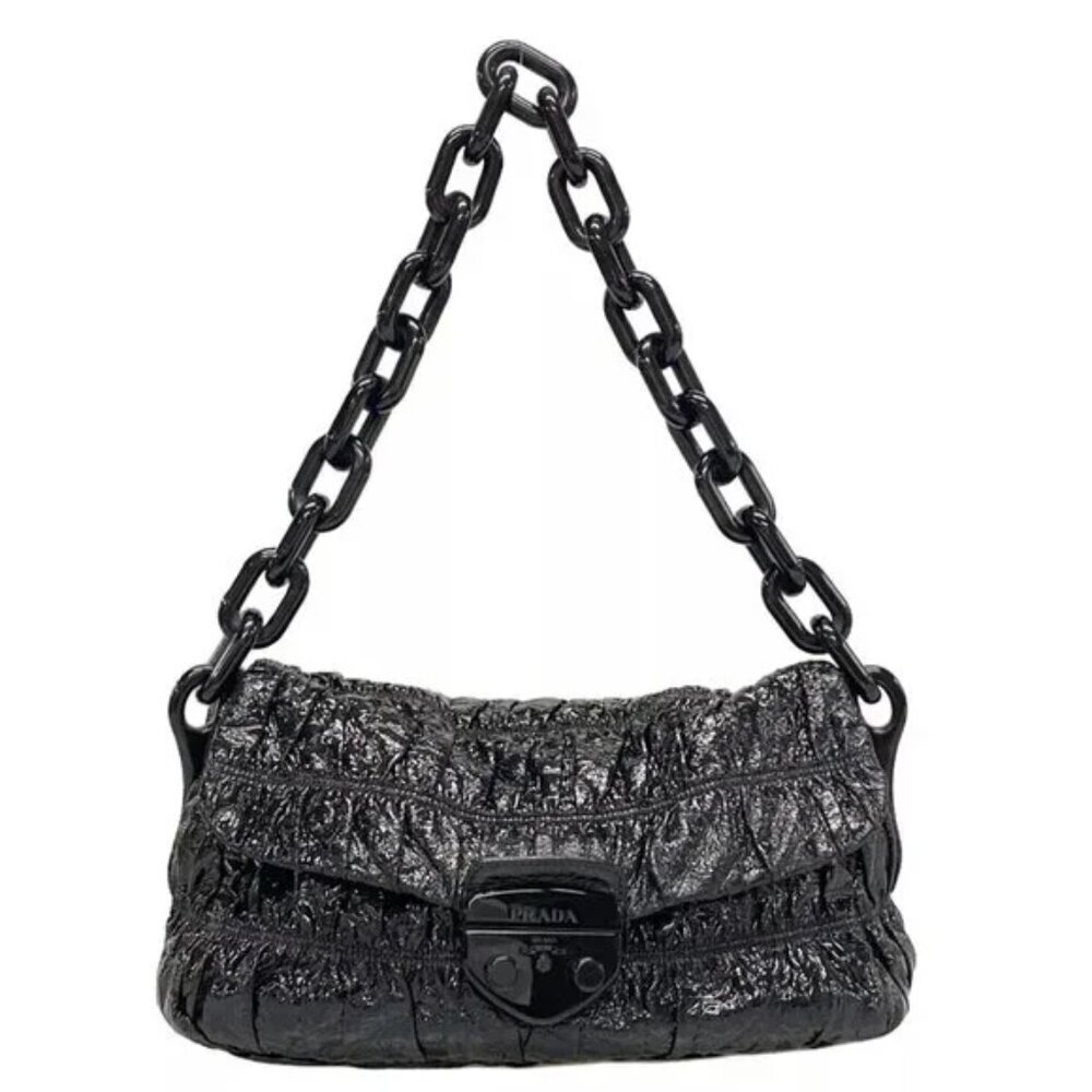 100% Authentic PRADA Gathered Bag Black Patent Leather Shoulder Bag 534-11924